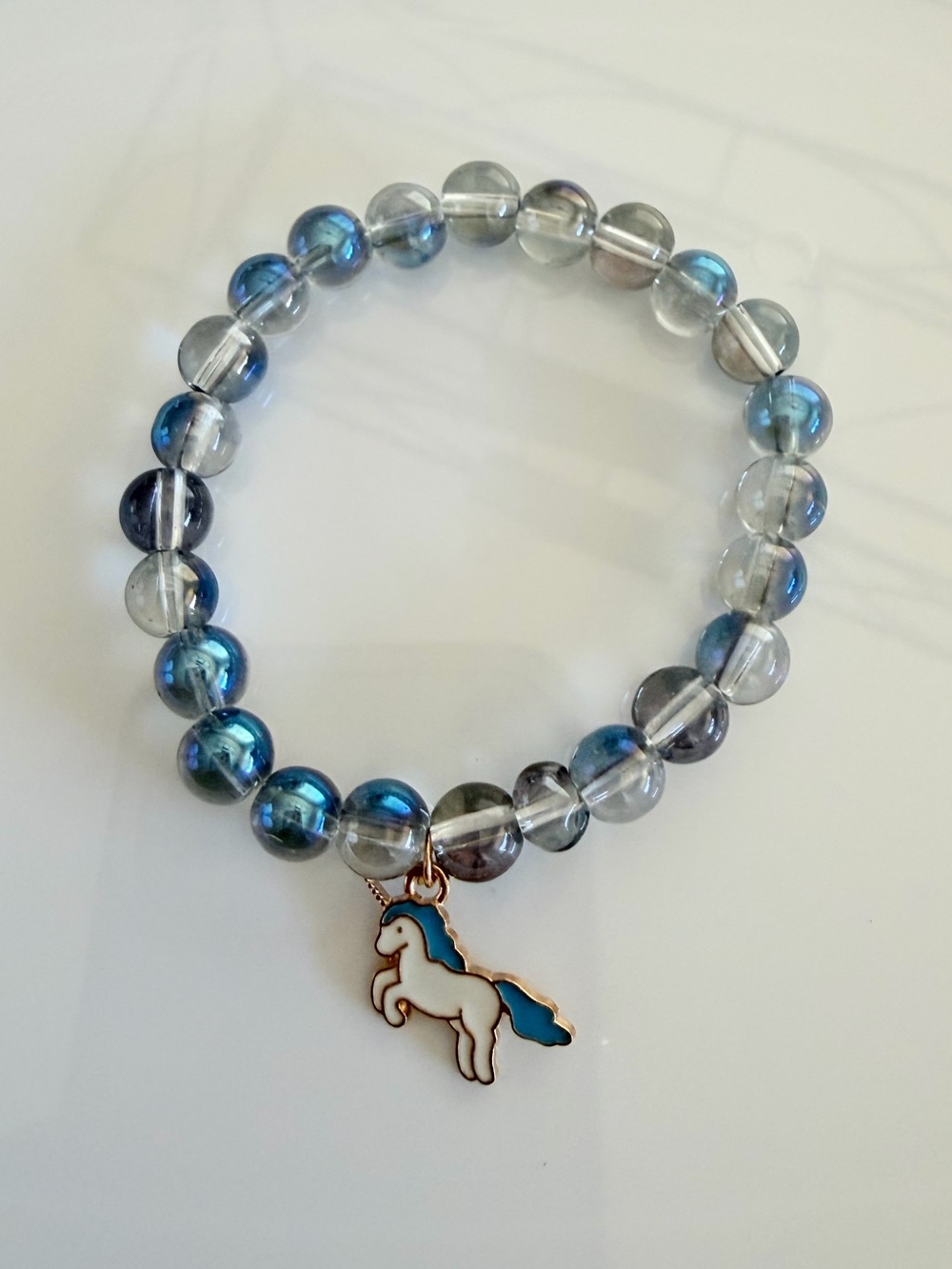 Blue Glass Bead Bracelet with Unicorn Charm